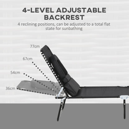 Folding Lounge Chair Set of 2, Reclining Beach Tanning Chair with Face Hole, Pillow, 4-Position Adjustable Flat Sun Lounger, Steel Frame for Outdoor Patio Pool, Black
