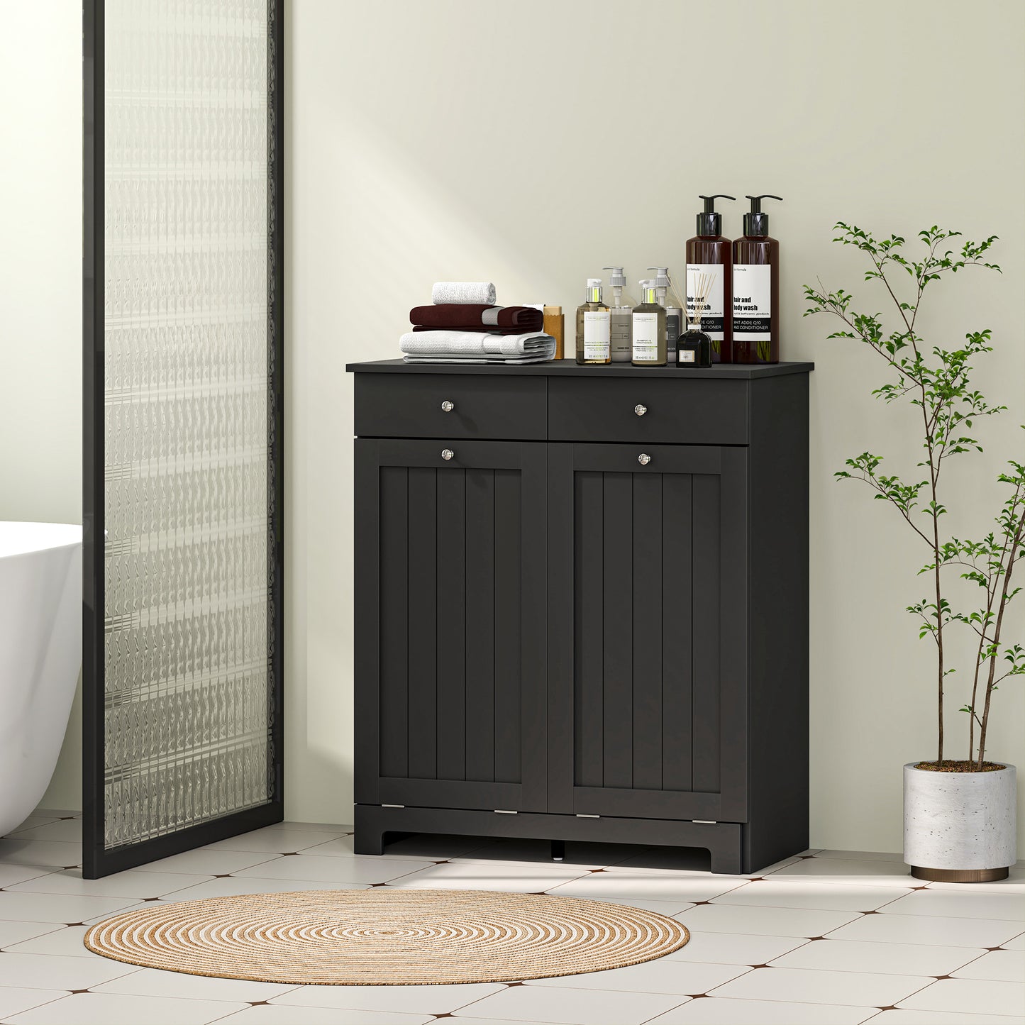 Laundry Cabinet, Tilt Out Laundry Hamper Cabinet with 2 Baskets, Bathroom Hamper Cabinet with 2 Drawers, Black