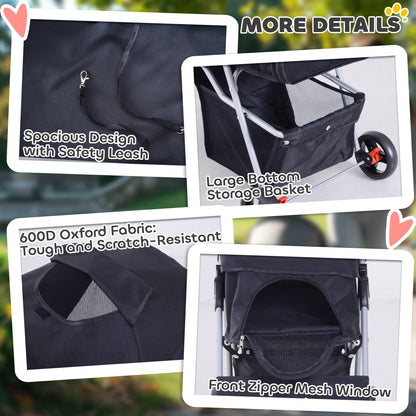 Dog Stroller, One-click Folding Pet Stroller with Cup Holder, 4 Wheels Travel Carrier w/ Brakes, 360° Swiveling Front Wheels, Storage Basket, for XS/Small Dogs Cats, Black