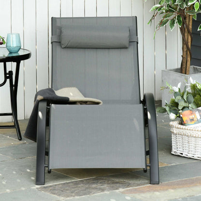 Patio Lounge Chair, Aluminum Reclining Outdoor Tanning Chair with 5-Level Adjustable Backrest, Head Pillow and Breathable Mesh Fabric, for Pool, Deck, Garden, Grey