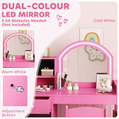 Qaba Kids Vanity Set, Toddler Dressing Table and Chair Set with Lighted Mirror, Cabinet, Drawer and Shelves, Pink