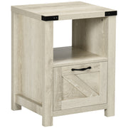 Side Table with Storage, Farmhouse End Table with Drawer, Open Shelf and Barn-style Panel, Nightstand for Living Room, Bedroom, Oak