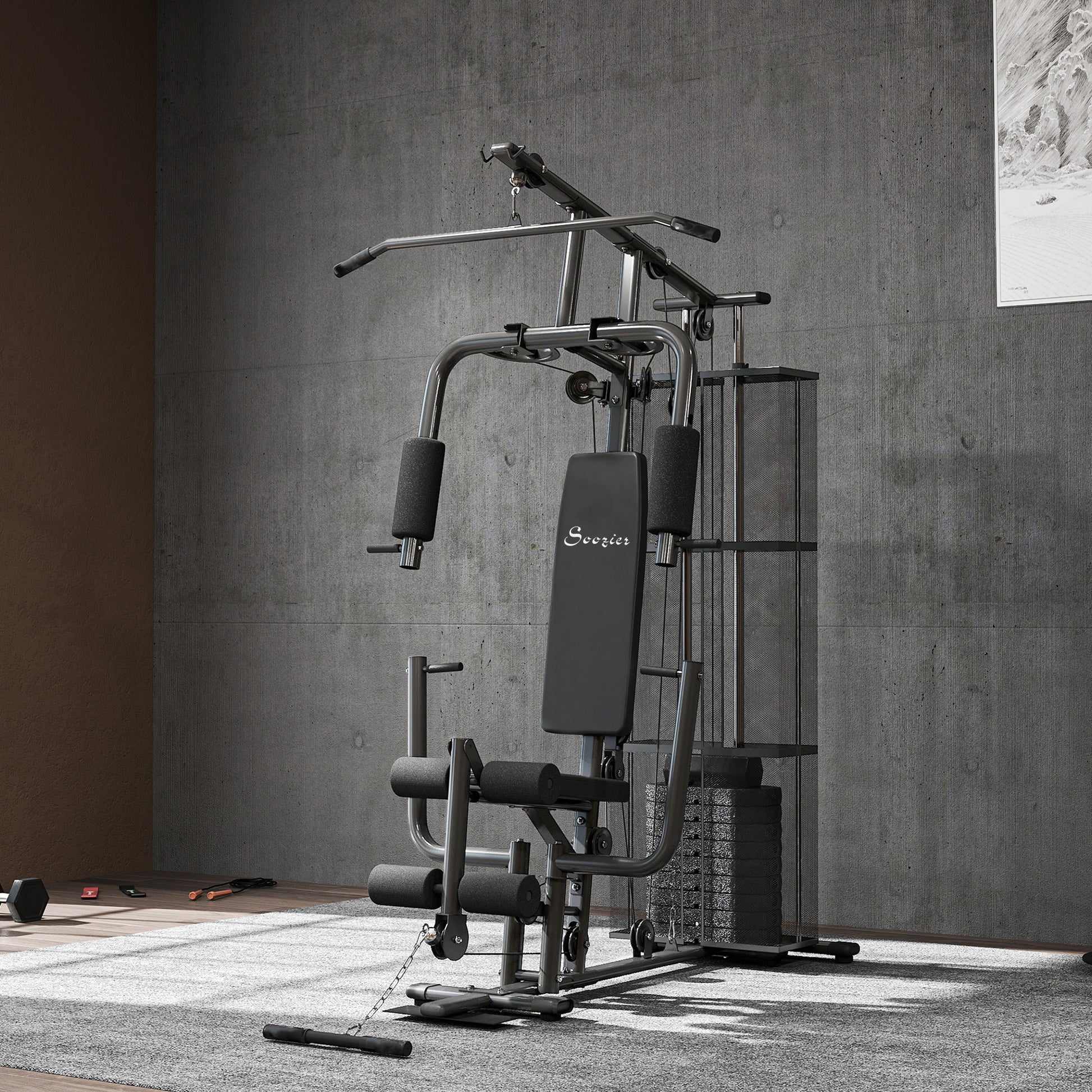 Soozier Home Gym, Multifunction Gym Equipment Workout Station with 100Lbs Weight Stack for Lat Pulldown, Leg Extensions, Preacher Bicep Curls, Triceps Pulldowns, Chest Press, Black