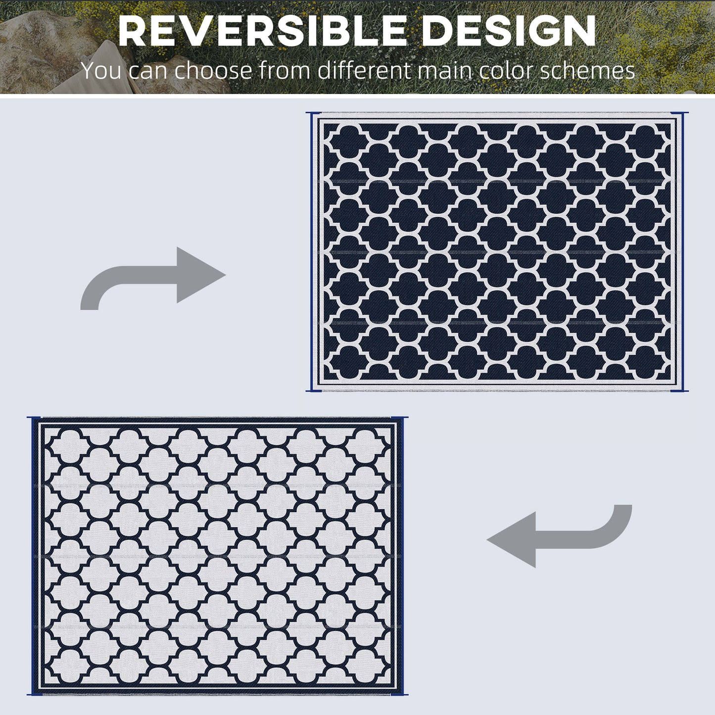 9'x12' Reversible Outdoor RV Rug, Patio Floor Mat, Plastic Straw Rug for Backyard, Deck, Beach, Camping, Dark Blue