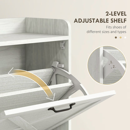 Slim Shoe Storage Cabinet, Farmhouse Shoe Cabinet with 2 Flip Drawers, Adjustable Shelves for 8 Pairs, Distressed White