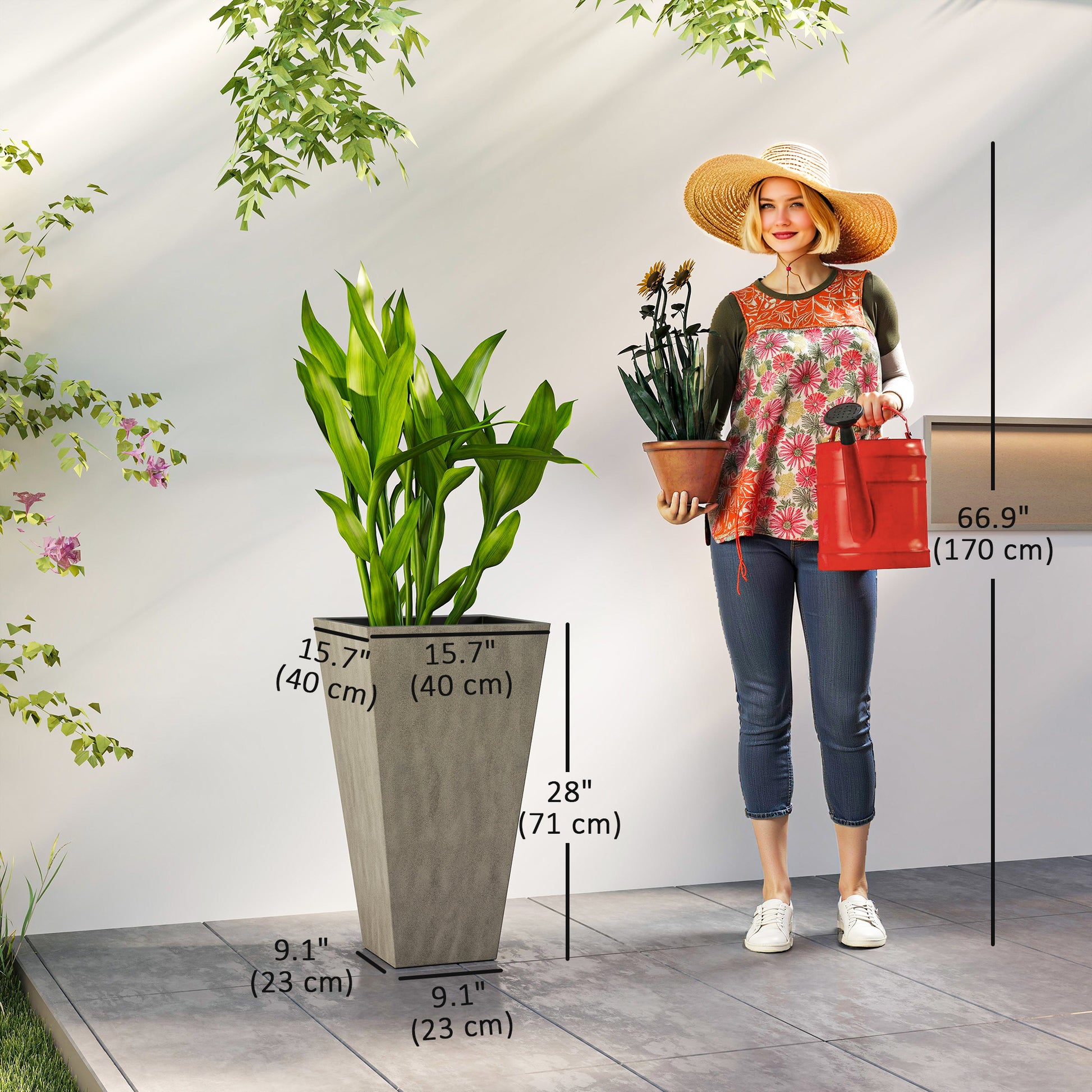 28" Tall Garden Plastic Planters, Outdoor and Indoor Flower Pots, Set of 3 for Entryway, Patio, Yard, Mixed Grey