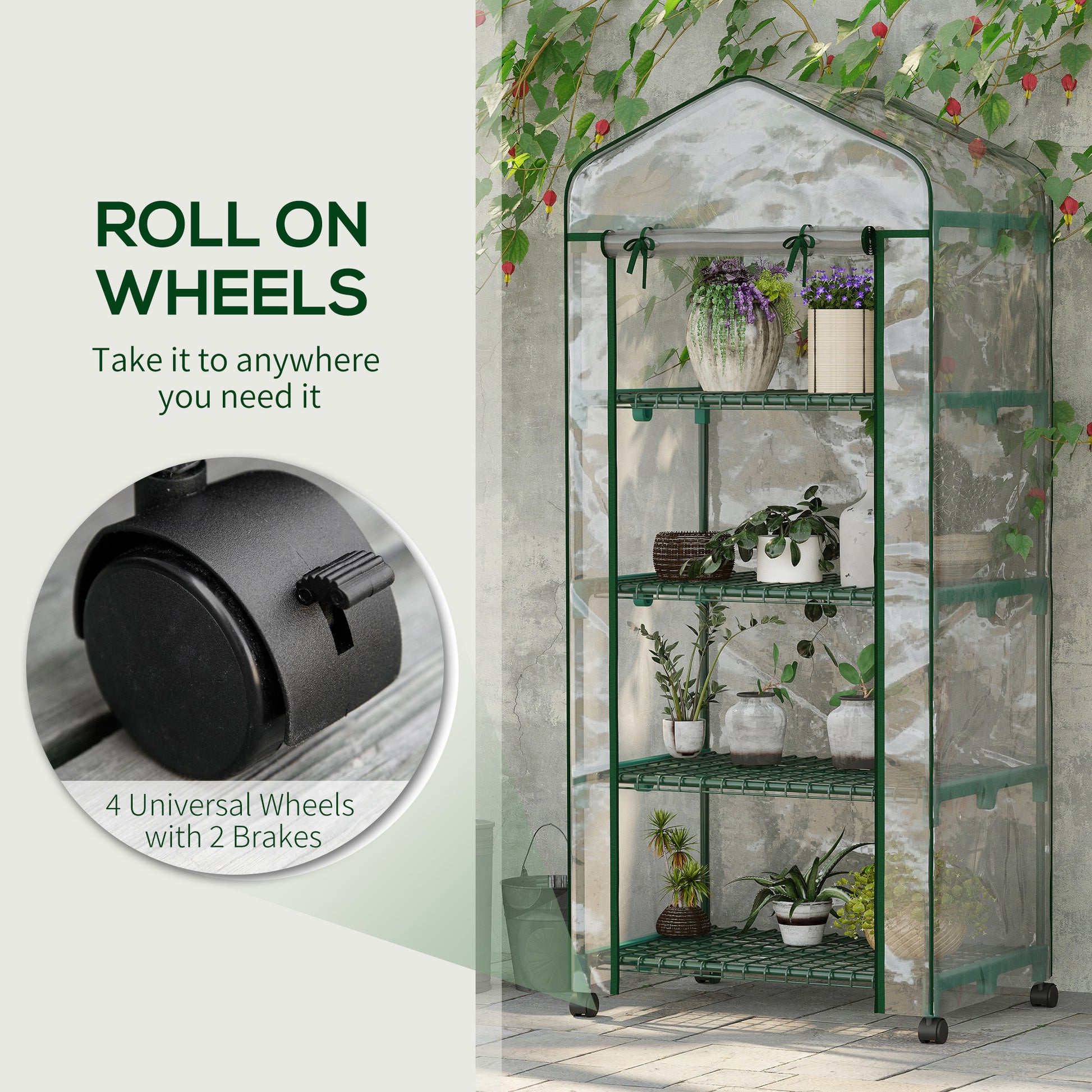 27" x 20" x 65" Portable Greenhouse with 4 Tier Shelves and Wheels, Outdoor Hot House Plant Flower Greenhouse, Steel Frame, Plastic Cover, Clear