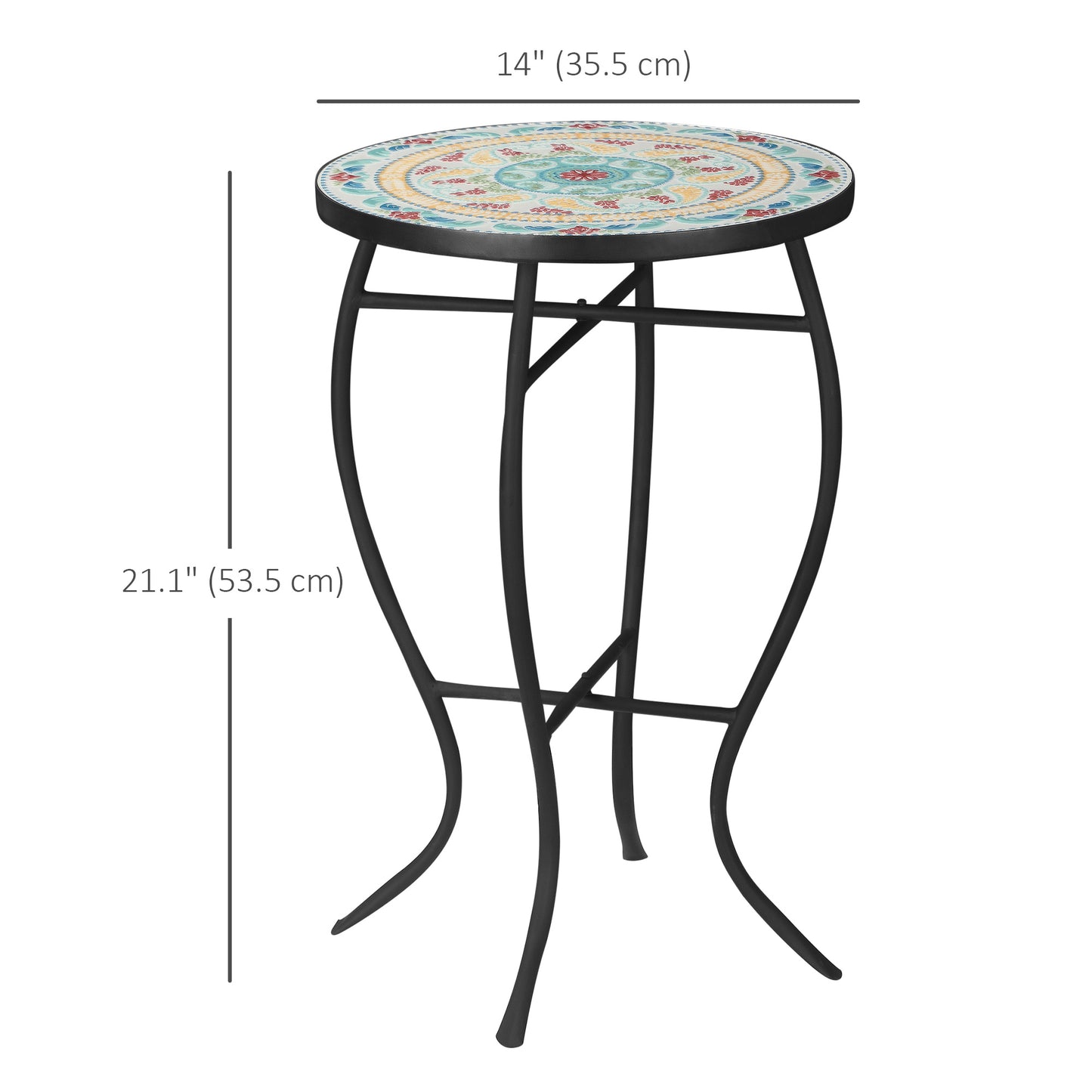 Mosaic Patio Table, Round Coffee Table with Metal Frame, Garden Furniture for Outdoor, Poolside, Multicolor