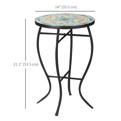 Mosaic Patio Table, Round Coffee Table with Metal Frame, Garden Furniture for Outdoor, Poolside, Multicolor