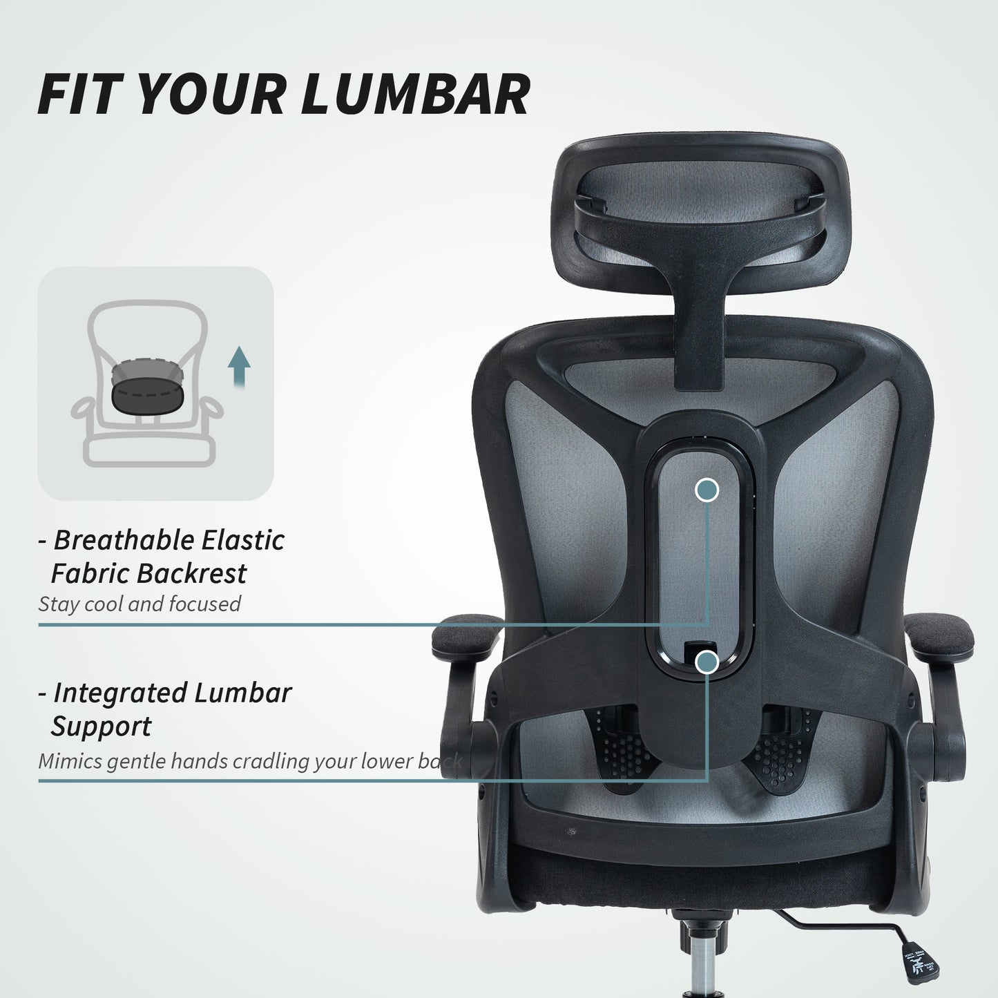 Ergonomic Office Chair, Swivel Desk Chair with Adjustable Lumbar Support, Headrest and Height, Flip-up Armrests, Black