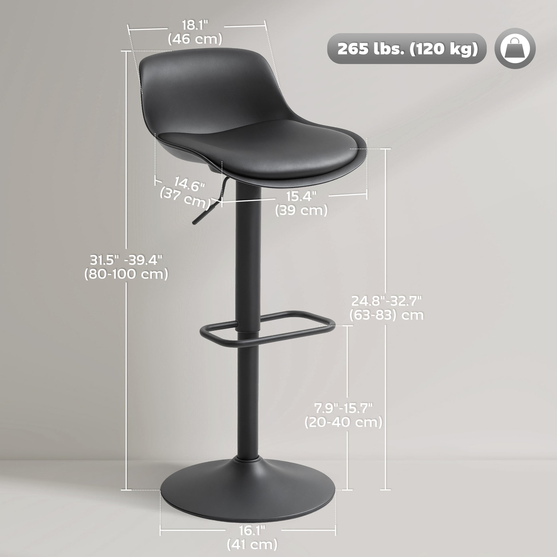 Counter Height Bar Stools Set of 2, Streamlined Bar Chairs with Adjustable Height and Swivel PU Leather Seat, Black
