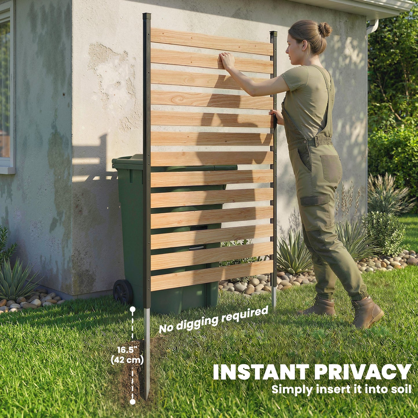 Privacy Screen Panel, 38" x 76" No Dig Space Divider with Fir Wood Planks and Aluminum Posts, Great to Hide Trash Cans
