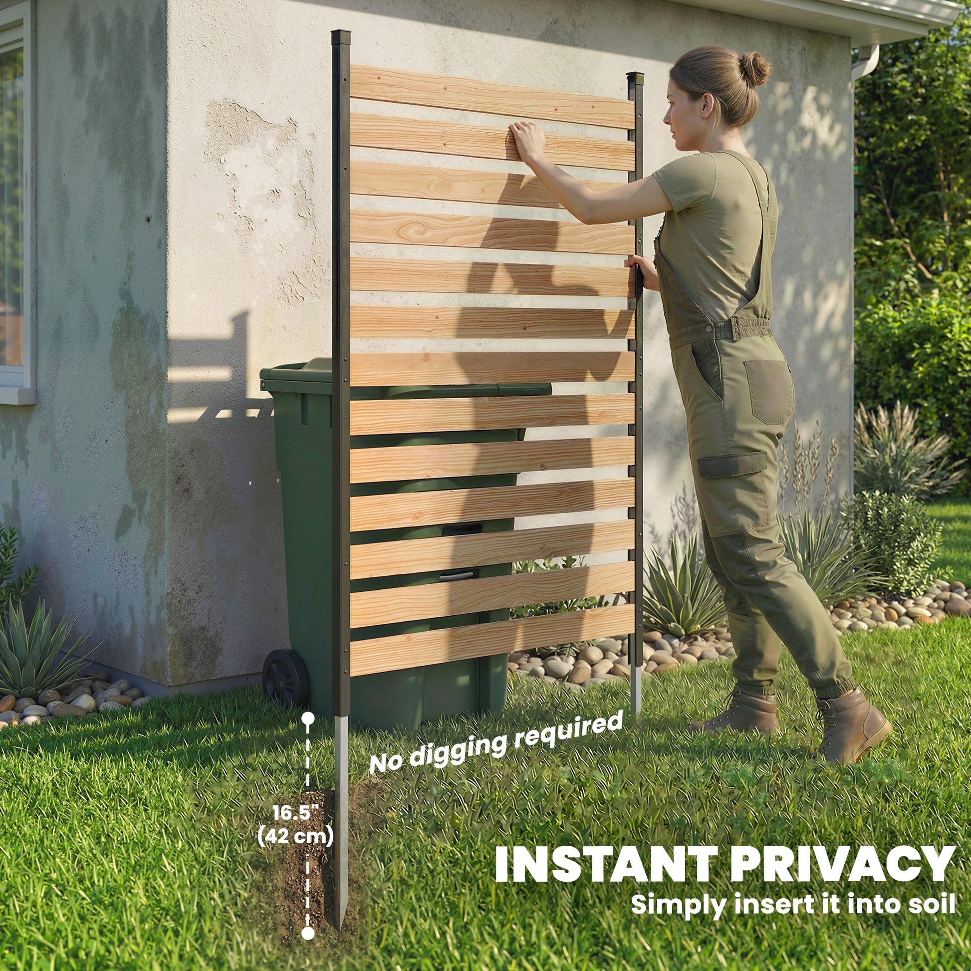 Privacy Screen Panel, 38" x 76" No Dig Space Divider with Fir Wood Planks and Aluminum Posts, Great to Hide Trash Cans