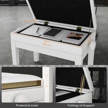 Adjustable Piano Bench with Storage and Soft PU Leather Padded, with Enough Music Storage Design, White