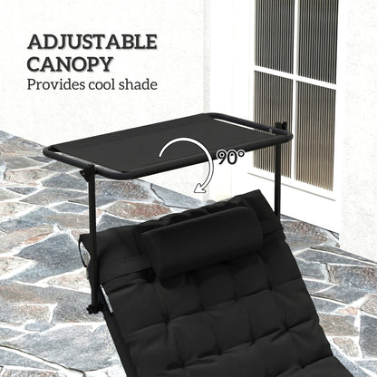 Folding Lounge Chair with Adjustable Canopy, 4-Position Outdoor Tanning Chair with Headrest, Black