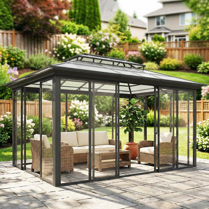 10' x 14' Sun Room with Double Roof Sliding Doors Hardtop Gazebo Solarium with Rain Gutter Dark Grey