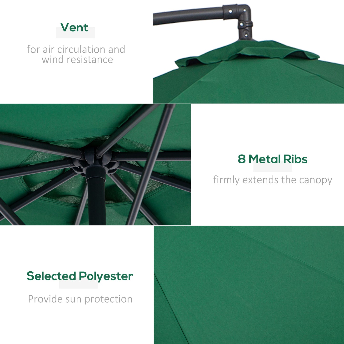 10' Deluxe Patio Umbrella, Outdoor Market Parasol, Banana Hanging Offset Sunshade with Crank, Cross Base, Dark Green