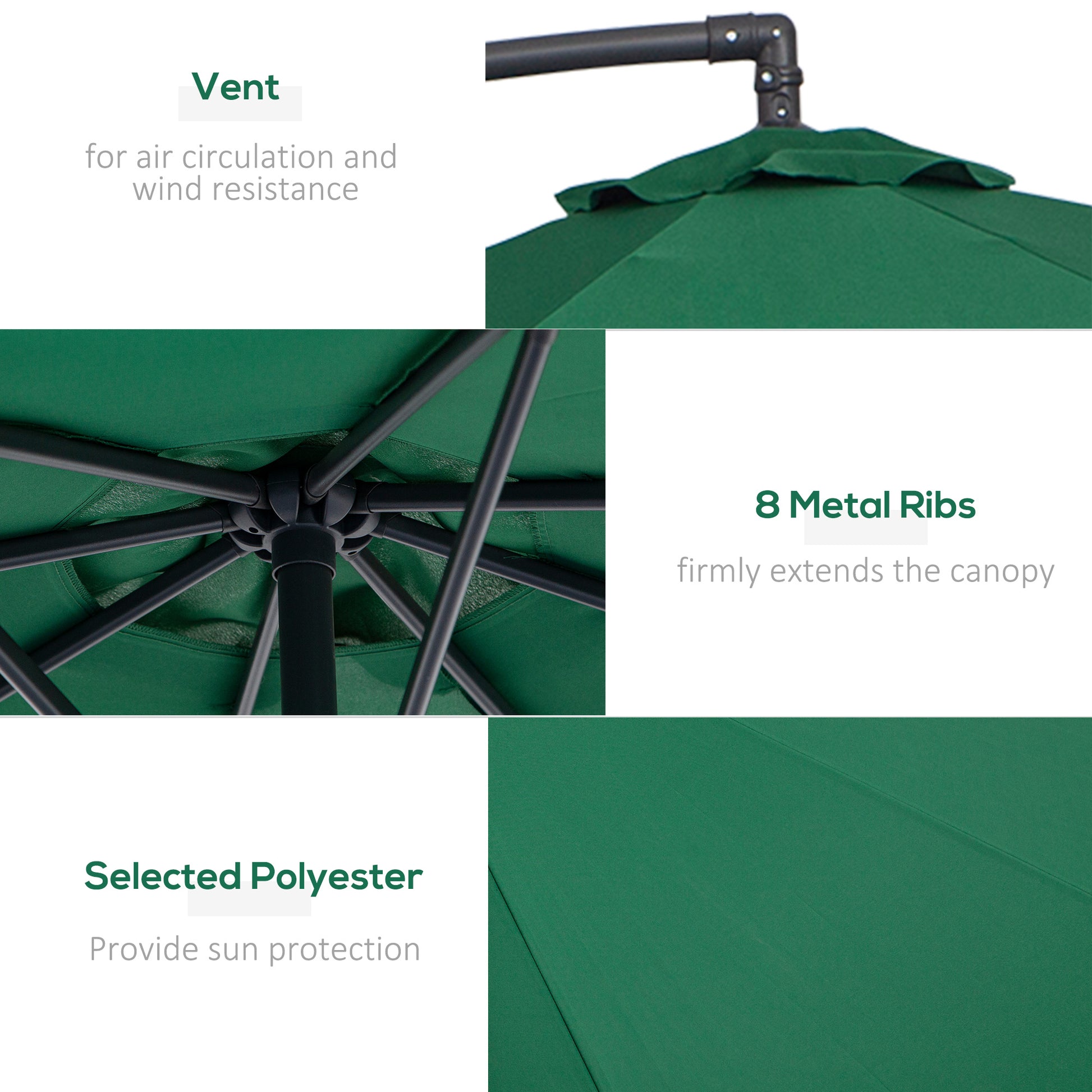 10' Deluxe Patio Umbrella, Outdoor Market Parasol, Banana Hanging Offset Sunshade with Crank, Cross Base, Dark Green