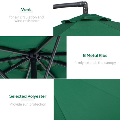 10' Deluxe Patio Umbrella, Outdoor Market Parasol, Banana Hanging Offset Sunshade with Crank, Cross Base, Dark Green