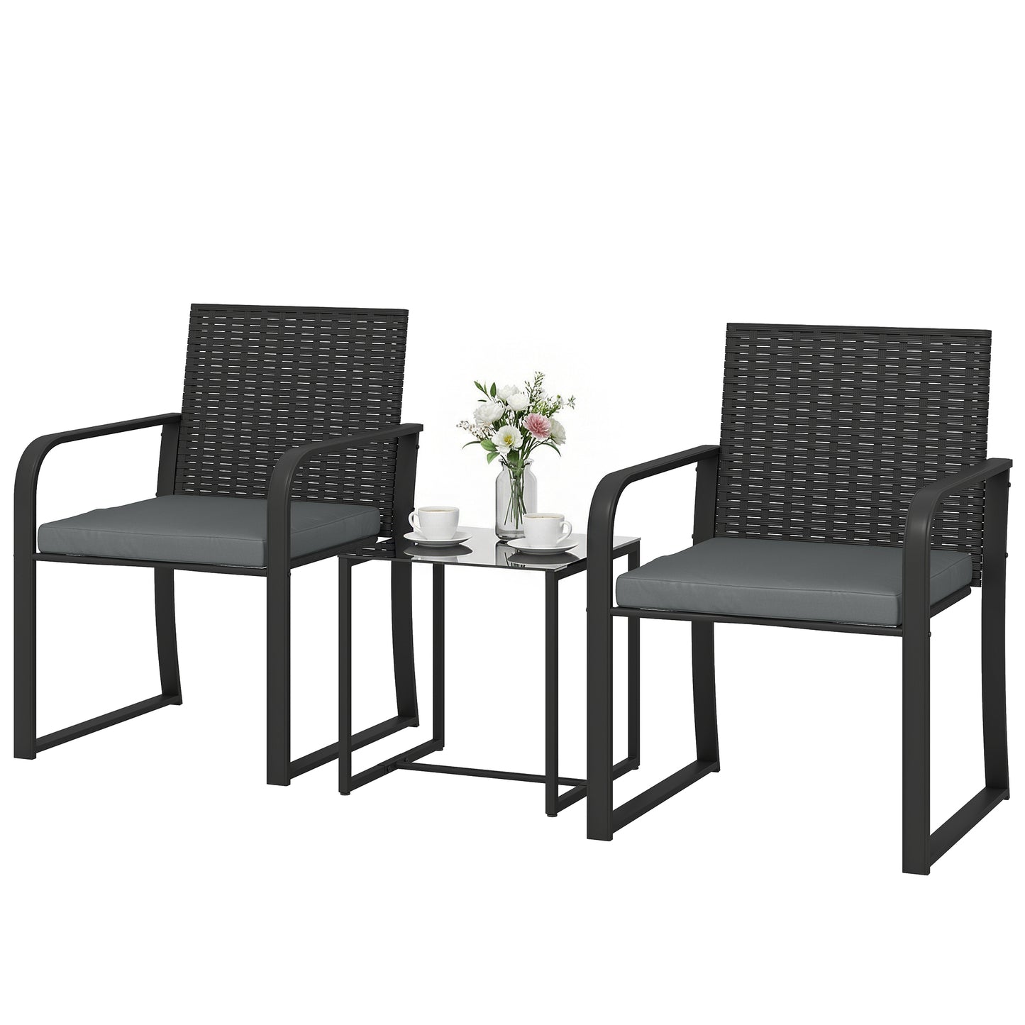 Outdoor Bistro Set, 3 Piece Wicker Patio Furniture with Mesh Seat, Glass Table, Cushions for Porch, Balcony, Grey