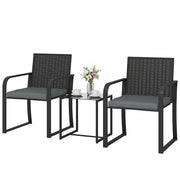 Outdoor Bistro Set, 3 Piece Wicker Patio Furniture with Mesh Seat, Glass Table, Cushions for Porch, Balcony, Grey