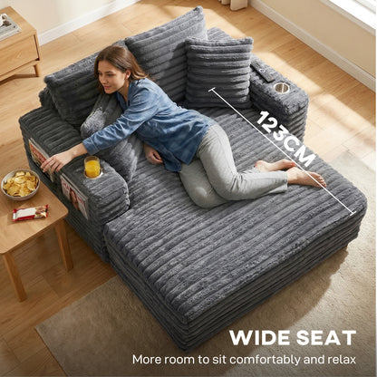 60" Chaise Lounge Chair, Oversized Upholstered Sofa Bed with Cup Holders & Pillows, Sleeper Couch for Living Room, Grey