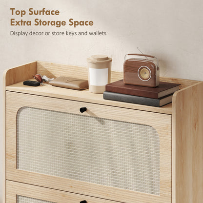Shoe Cabinet with 2 Flip Drawers, Boho Narrow Shoe Storage Cabinet, Oak