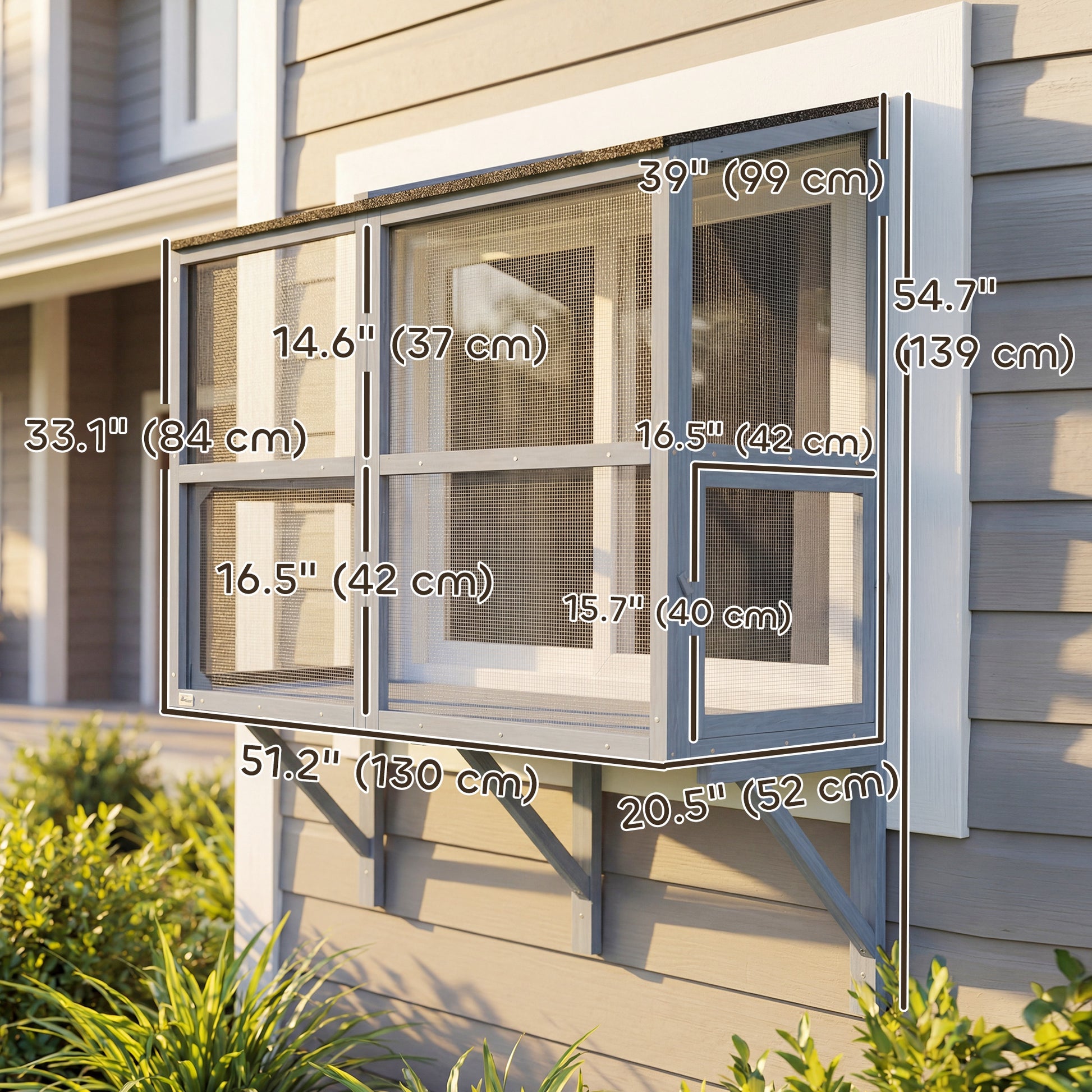 Catio Outdoor Cat Enclosure Wall-Mounted 2-Level Outdoor Cat House with Waterproof Roof 51.2" Grey
