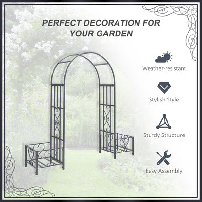 7FT Metal Garden Arch with 2 Planter Boxes, Decorative Outdoor Walkway Arbor for Climbing Vine Plants for Patio Backyard Lawn Party Ceremony, Dark Grey