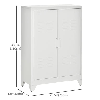Metal Storage Cabinet, Industrial Sideboard Buffet Cabinet with 2 Louvered Doors, Adjustable Shelves, White