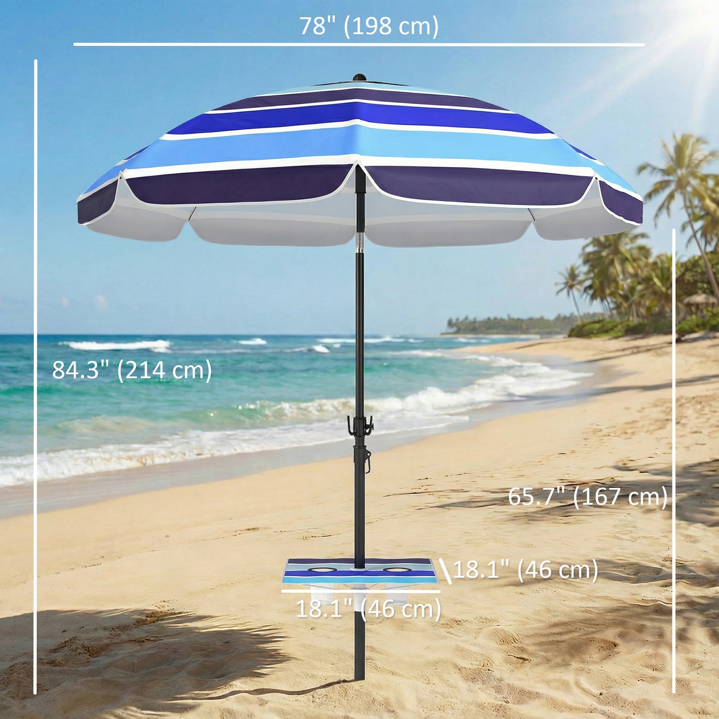 Beach Umbrella Adjustable Tilt Sunshade with Foldable Table Cup Holder 78" Multicolor