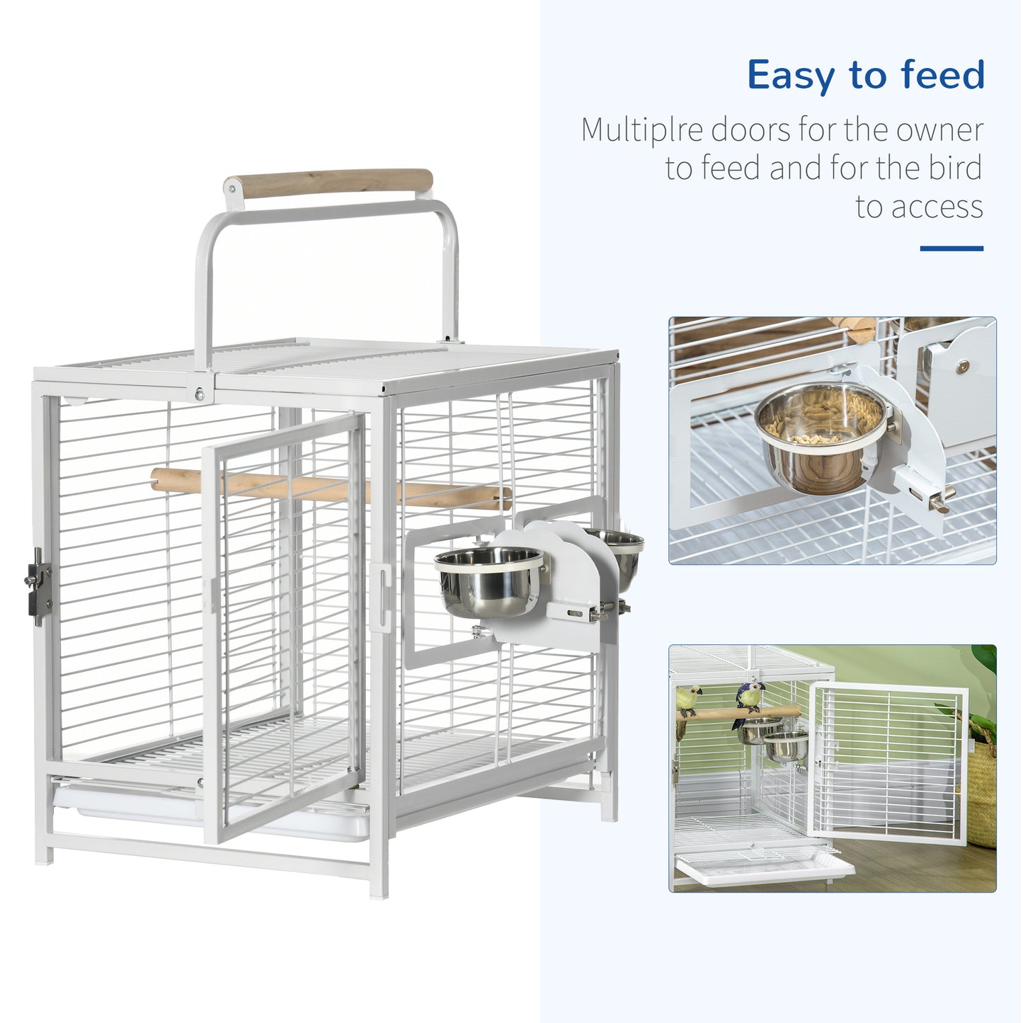 Bird Travel Carrier Cage, Portable Metal Bird Cage for Parrots Conures Cockatiel Parakeets with Stand Perch, Stainless Steel Bowls, Pull Out Tray, 19" x 15" x 26", White