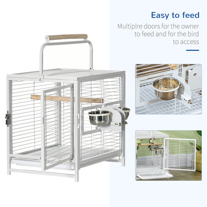 Bird Travel Carrier Cage, Portable Metal Bird Cage for Parrots Conures Cockatiel Parakeets with Stand Perch, Stainless Steel Bowls, Pull Out Tray, 19" x 15" x 26", White