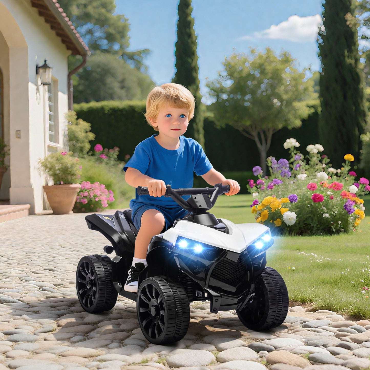 Qaba 6V Kids ATV, 4 Wheeler Electric Ride on Car with Music and LED Headlights, for Ages 37-72 Months Boys and Girls, White
