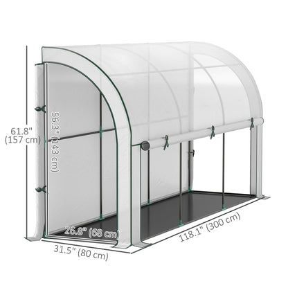 Walk-in Lean-to Greenhouse, Outdoor Gardening Green House with Zipper Roll-up Doors and Window, 10' x 3' x 5', White