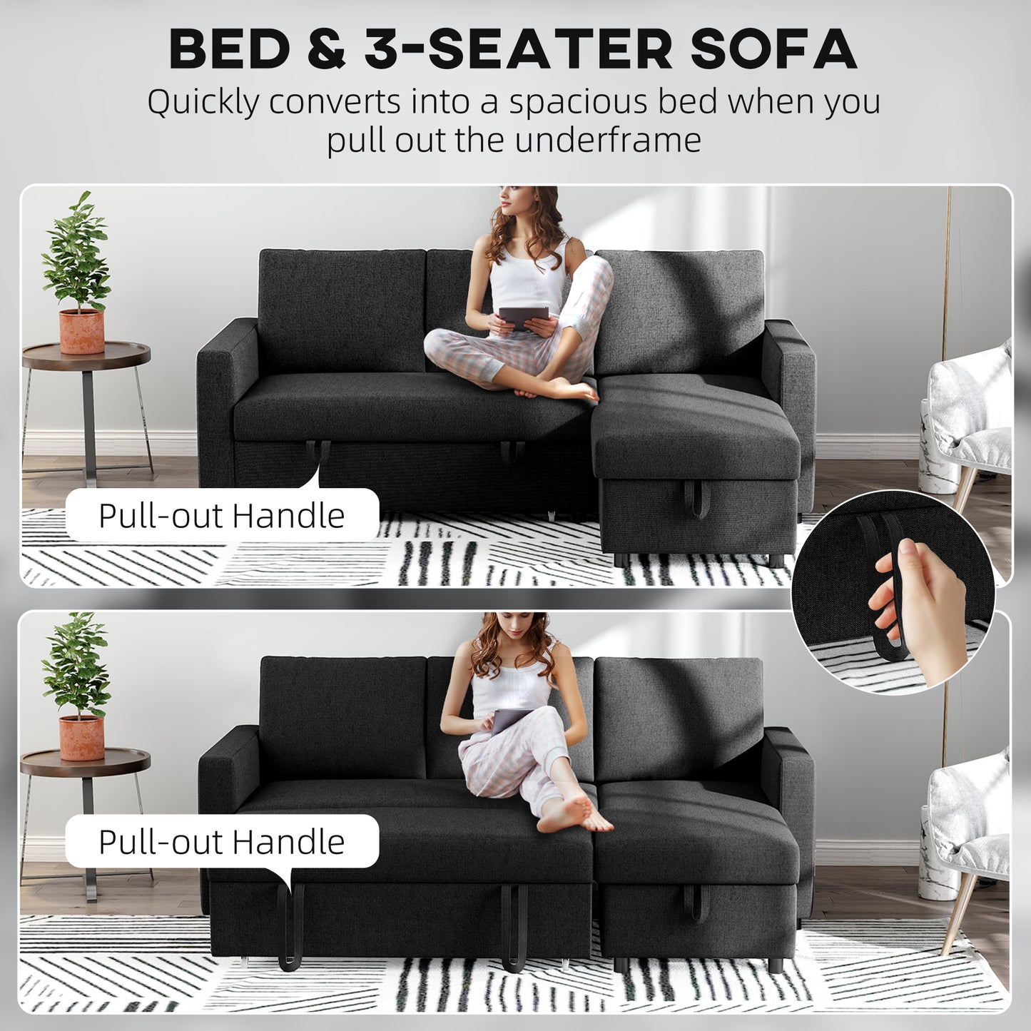 Convertible Corner Sofa Bed, Built-In Storage & 3 Removable Back Cushions, Black