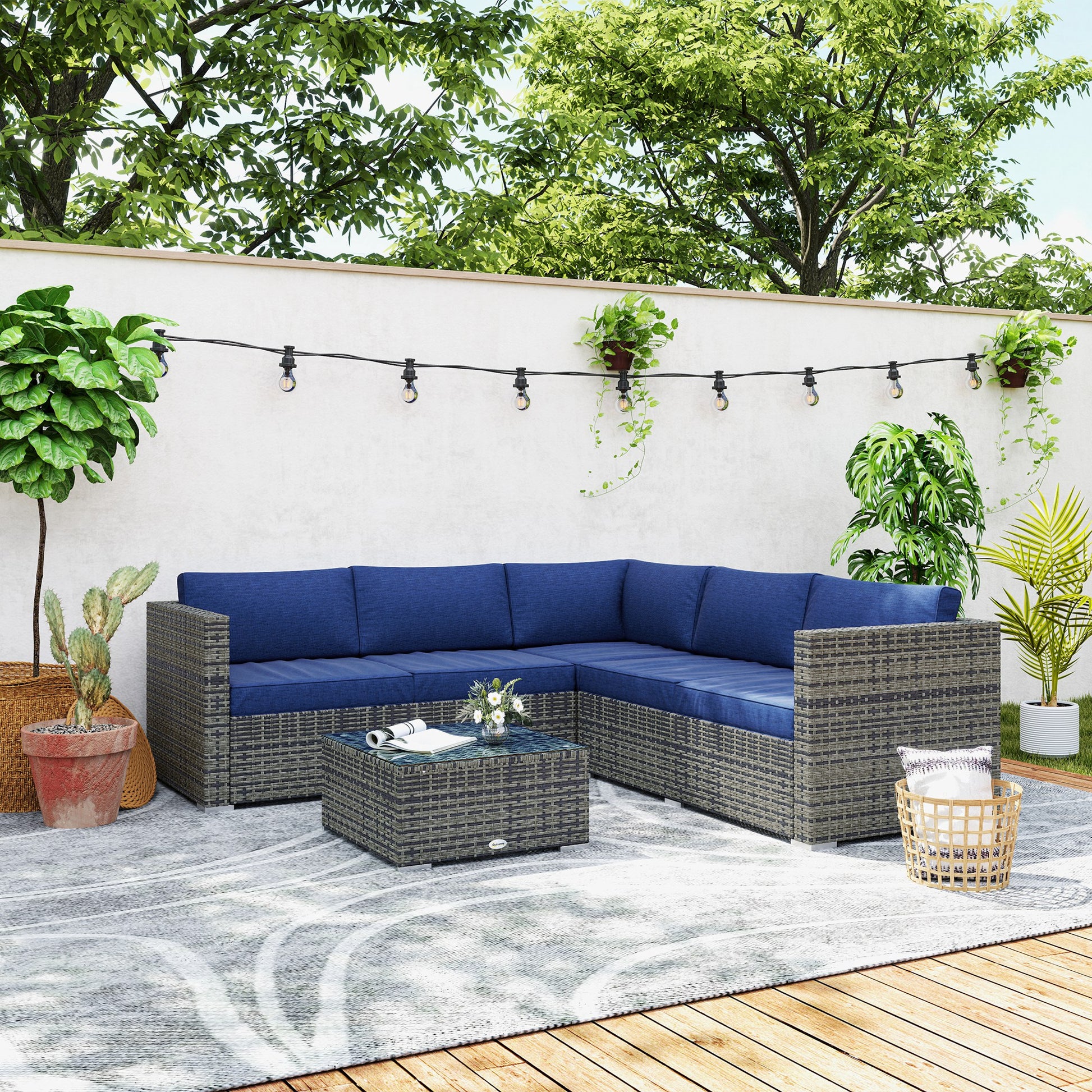 4-Piece Outdoor Rattan Wicker Conversation Furniture Set, Includes Corner Sofa, Loveseat, Coffee Table and Cushions, Modern Patio Sectional for Backyard, Navy Blue