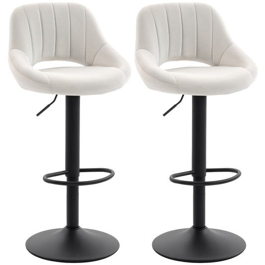 Bar Stools Set of 2, Swivel Counter Height Barstools with Adjustable Height and Cutout Back, Velvet Upholstered Bar Chairs with Round Metal Base and Footrest, Cream
