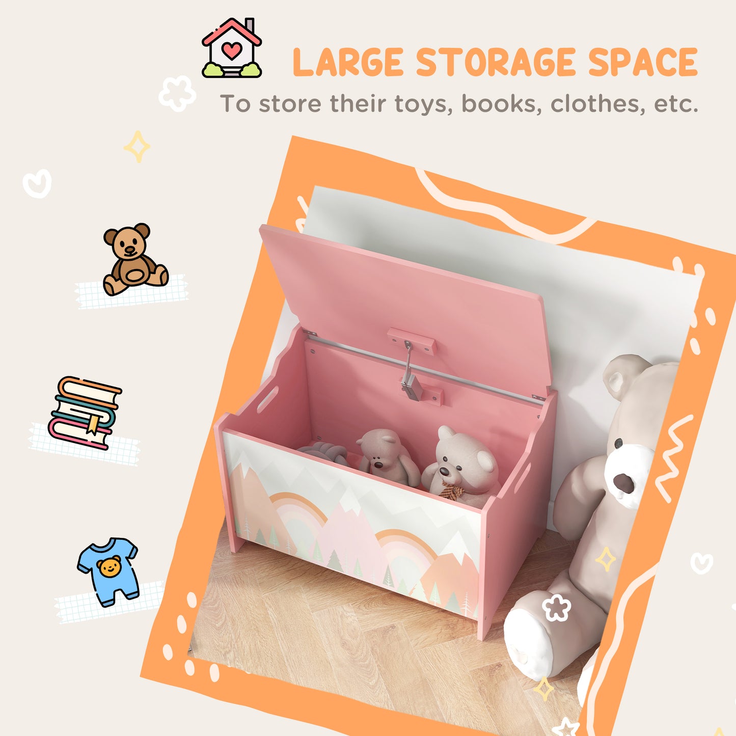 Qaba Toy Box, Kids Storage Chest with Lid, Safety Hinges and Groove Handles, Toy Storage Organizer with Rainbow Pattern for Boys, Girls, Pink