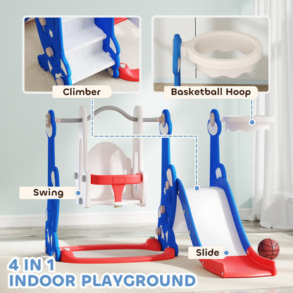 Qaba 4-in-1 Slide and Swing Set with Basketball Hoop, Climber, for Ages 1.5-4 Boys Girls Toddler, Rocket Themed, Dark Blue