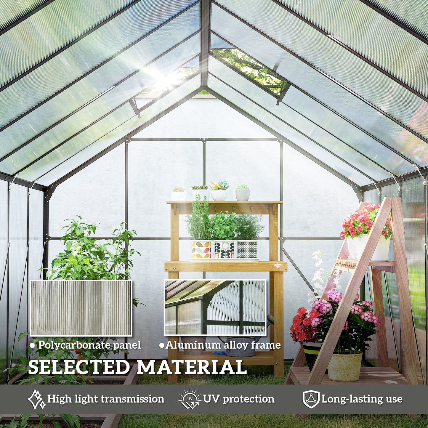Aluminum Greenhouse Polycarbonate Walk-in Garden Greenhouse Kit with Rain Gutter and Sliding Door, 16' x 8', Dark Grey