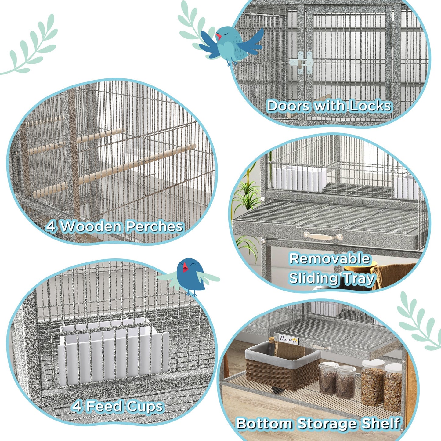 Large Double Rolling Metal Bird Cage Bird House w/ Removable Tray Storage Shelf