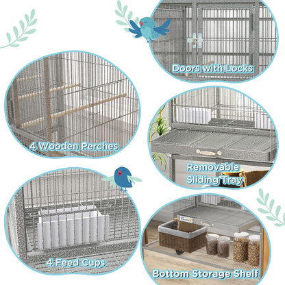 Large Double Rolling Metal Bird Cage Bird House w/ Removable Tray Storage Shelf