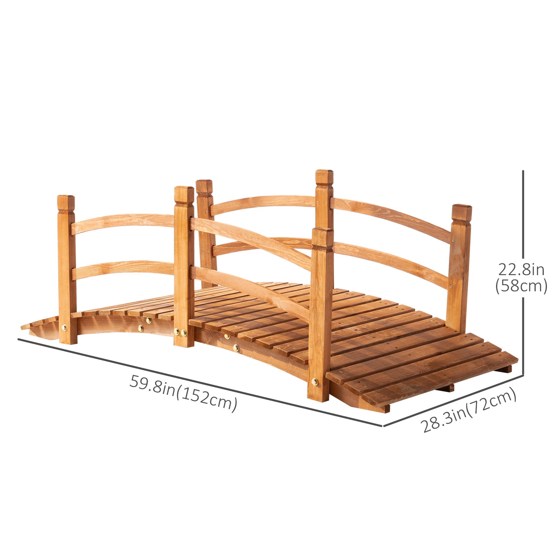 5FT Wooden Garden Bridge Classic Arc Footbridge with Guardrails for Stream Pond Walkway, Orange