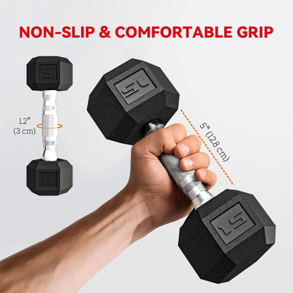 Soozier 60 LBS Hex Dumbbell Set with Rack, Rubber Coated Weights with Non-Slip Handles for Home Gym Strength Training