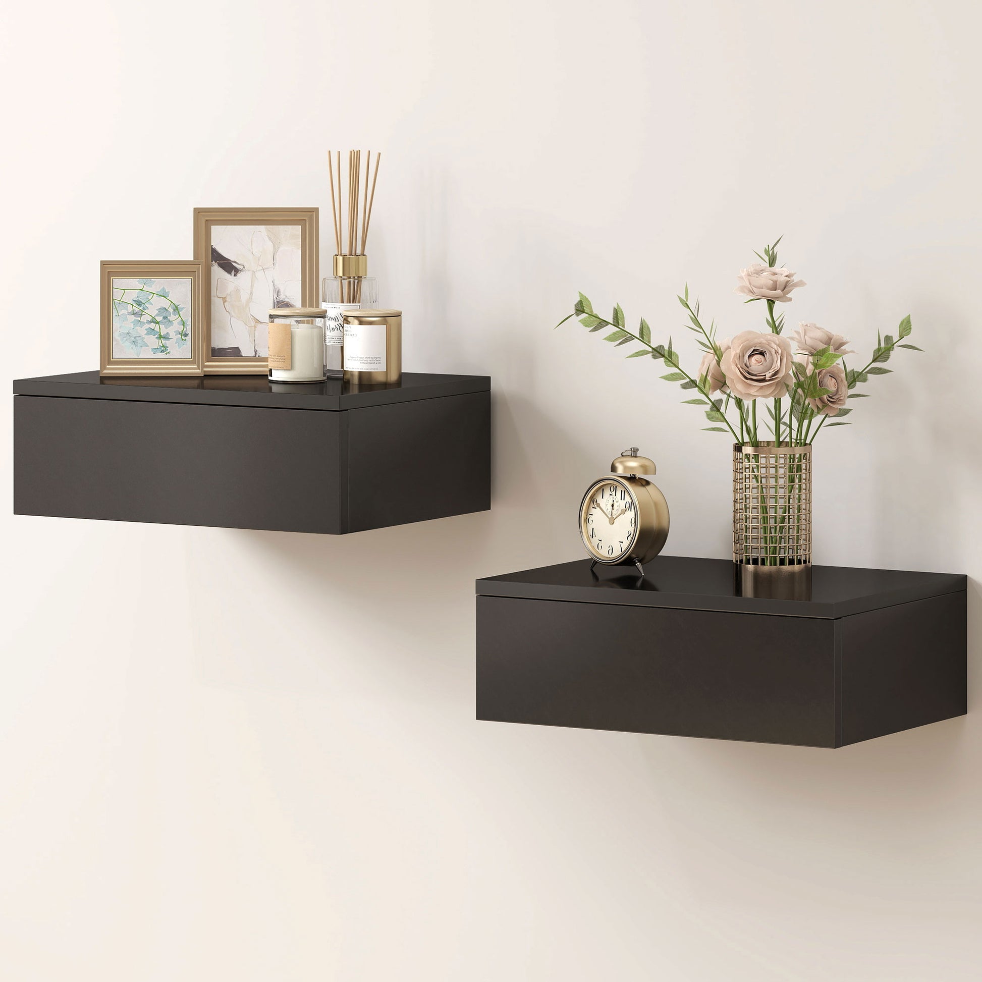 Set of 2 Wall Mounted Bedside Tables, Floating Nightstands with Drawer for Bedroom, Black