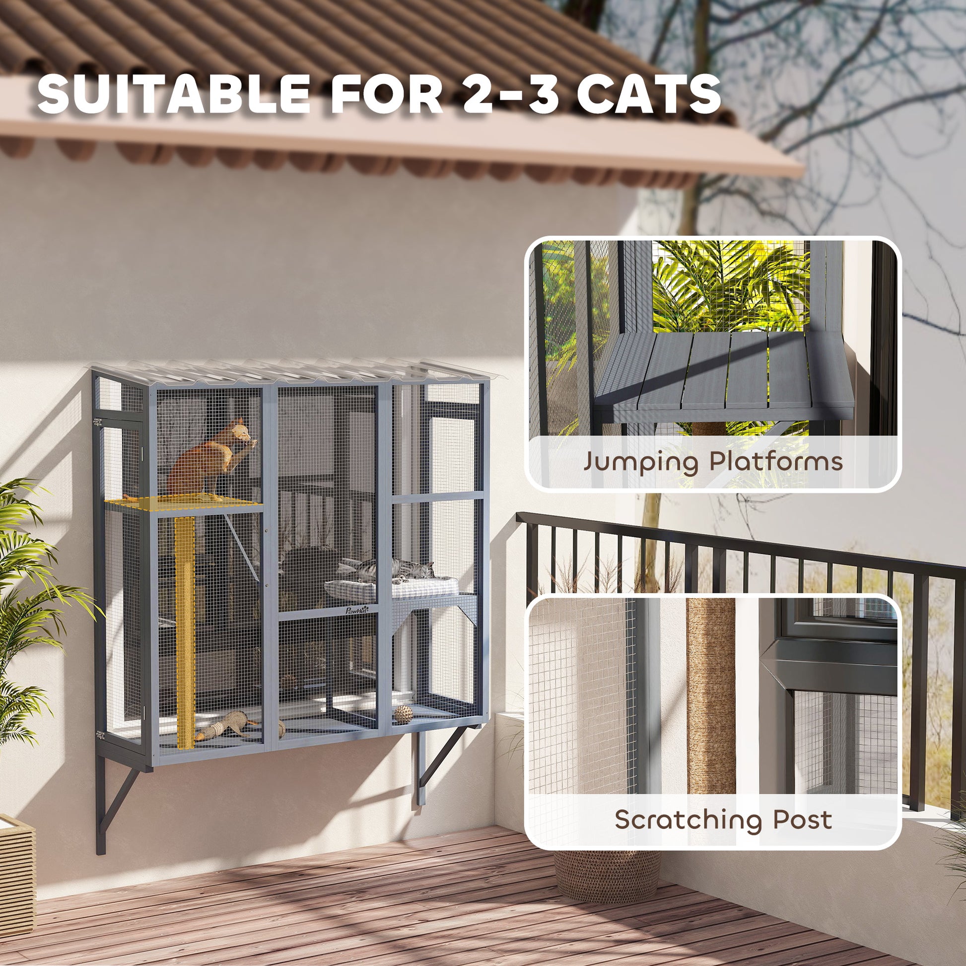 Wooden Catio Outdoor, Cat Window Box Enclosure for 2-3 Large Cats with 2 Jumping Platforms & Scratching Post, Grey