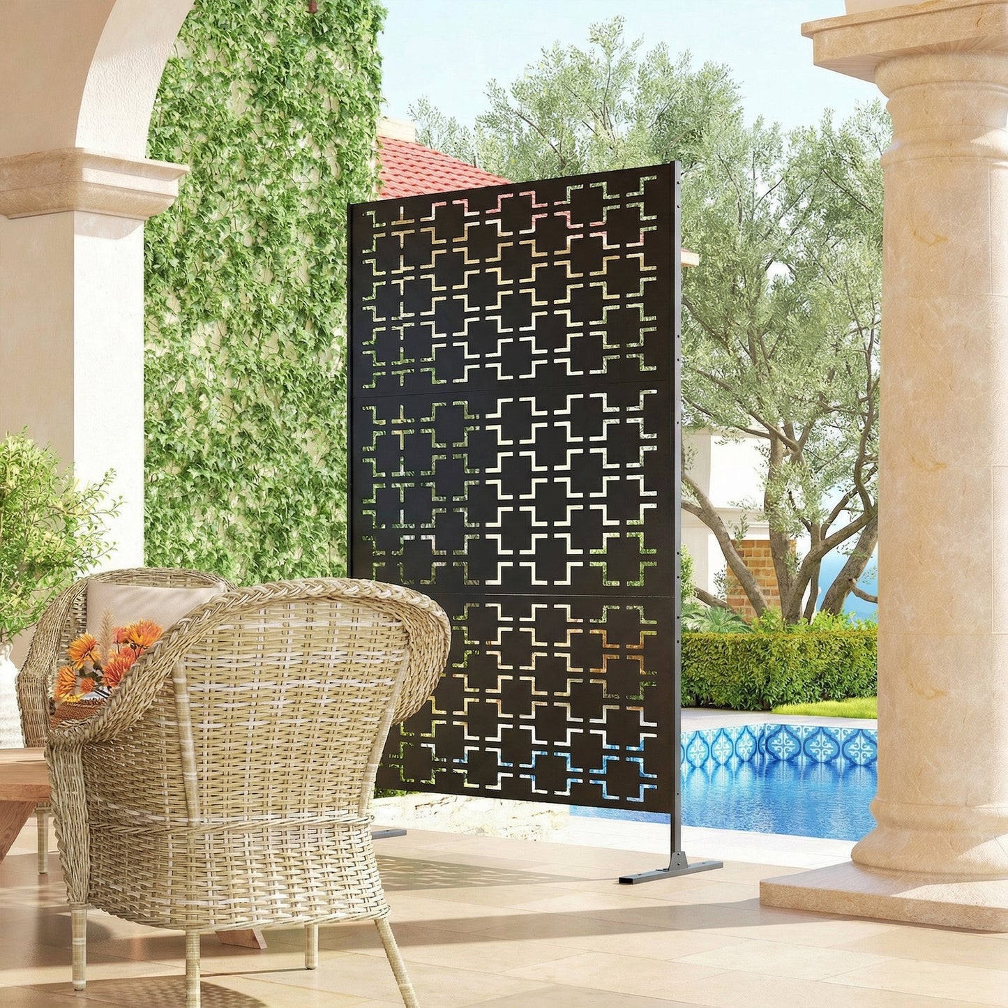 6.5FT Decorative Outdoor Divider, Metal Privacy Screen with Stand, Grid Style, Black
