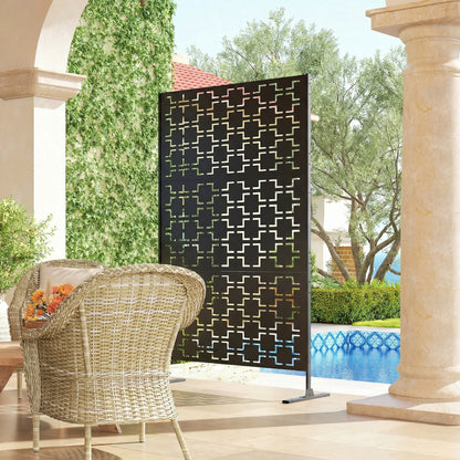 6.5FT Decorative Outdoor Divider, Metal Privacy Screen with Stand, Grid Style, Black