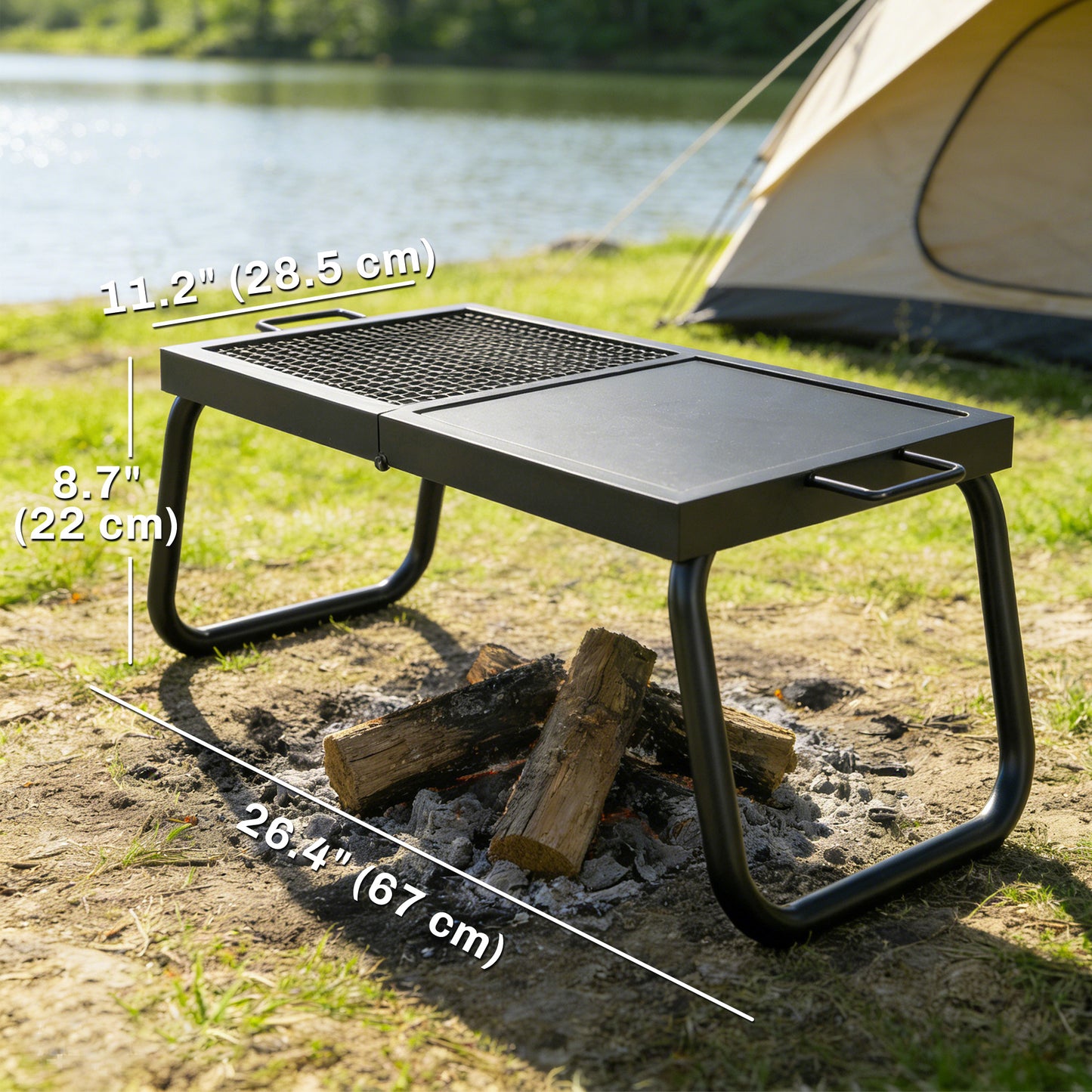 Folding Campfire Grill, Heavy Duty Steel Mesh Grate, Portable Camping Grate with Carry Bag, Black